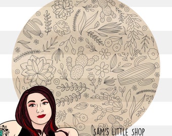 Plant Doodle SCORING Pattern File Bundle - Laser Score Files - Cactus Floral Doodle - Cactus, Succulent, Flower Doodle Engraving File