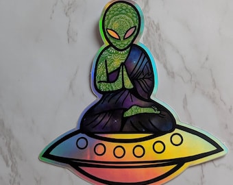 Holographic Meditating Alien Buddha Vinyl Sticker Decal for Car, Laptop, Water Bottle