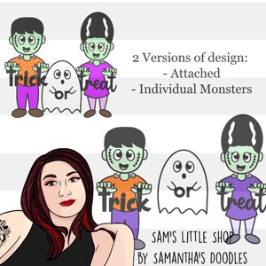 Può includere: Illustrazione a tema Halloween con mostri dei cartoni animati e un fantasma. L'immagine include le parole "Trick or Treat" e il testo "2 Versions of design: - Attached - Individual Monsters". Design di Sam's Little Shop.