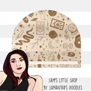 May include: A digital illustration of a woman with red hair and a tattoo on her arm. She is standing in front of a beige background with a pattern of various occult symbols, including snakes, moons, stars, candles, and an eye. The text "SAM'S LITTLE SHOP BY SAMANTHA'S DOODLES" is at the bottom of the image.