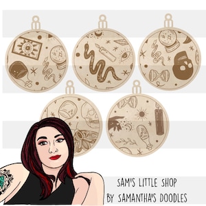 May include: Five round, beige, paper-like ornaments with brown ink illustrations of various occult and mystical symbols, including a skull, snake, candle, hourglass, eye, and stars. The ornaments are hanging from a white background. The text "SAM'S LITTLE SHOP BY SAMANTHA'S DOODLES" is at the bottom of the image.