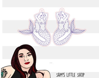 Traditional Tattoo Style Engraved Mermaid Earring SVG File - Samantha's Doodles - Tattoo Earrings - Funky Earring SVG