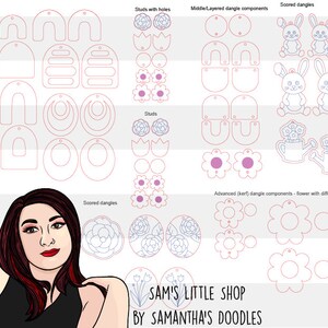 May include: A design sheet showing earring components in light pink, including dangles, studs, and scored dangles. The sheet features flower, bunny, and geometric shapes. The text "SAM'S LITTLE SHOP BY SAMANTHA'S DOODLES" is also visible.