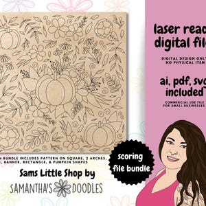 Puede incluir: Un paquete de diseños digitales en blanco y negro con arte de línea que presenta calabazas y elementos florales. El paquete de diseños incluye patrones en un cuadrado, dos arcos, un círculo, una pancarta, un rectángulo y formas de calabaza. El texto "Sams Little Shop by Samantha's Doodles" y "scoring file bundle" están incluidos en el diseño.