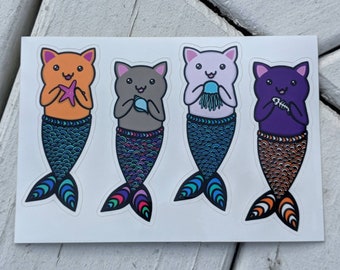 Waterproof "Purrmaid" Sticker Sheet - 4x6" with 4 cute stickers- water bottle Stickers