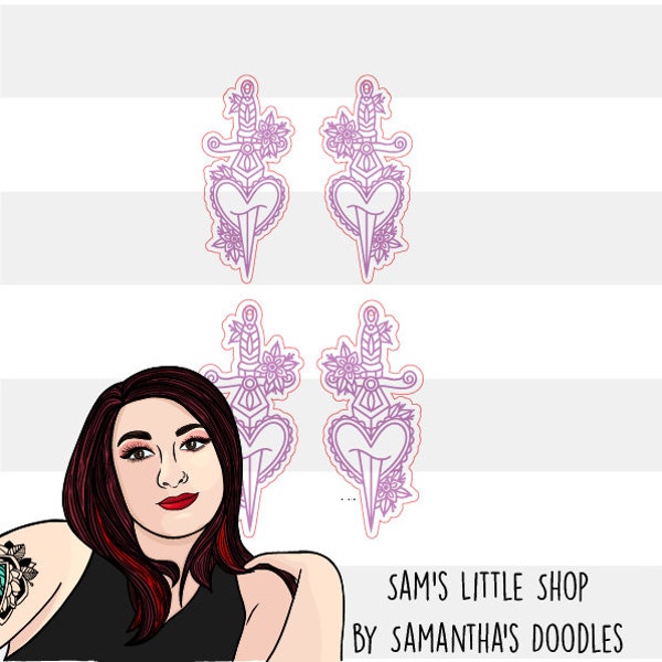 Traditional Tattoo Style Engraved Heart Dagger Earring SVG File - Samantha's Doodles - Tattoo Earrings - Funky Earring SVG