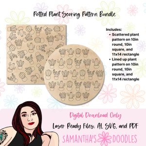 以下が含まれることがあります： デジタルダウンロード可能な鉢植えの植物のスコア付けパターンのバンドル。このバンドルには、散らばったパターンと整列したパターンの2つの異なるパターンが含まれています。各パターンは、10インチの円形、10インチの正方形、11x14インチの長方形の3つのサイズで利用できます。パターンはレーザー対応で、AI、SVG、PDF形式で利用できます。
