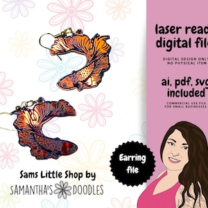 Engraved Betta Fish Earring SVG File - Samantha&#39;s Doodles - Fish Earrings - Funky Earring SVG