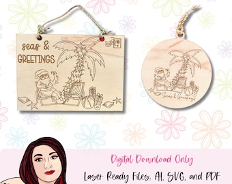 Beach Santa Laser Engraving Files: Seas & Greetings Postcard Ornament (SVG, AI, PDF)
