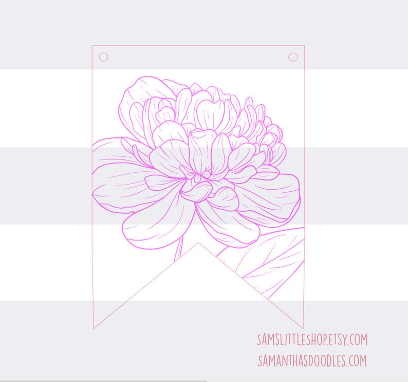 K&ouml;nnte beinhalten: Ein druckbares Banner mit einer rosa Umrandung einer einzelnen Pfingstrose. Das Banner hat zwei L&ouml;cher oben zum Aufh&auml;ngen. Der Text "SAMSLITTLESHOP.ETSY.COM SAMANTHASDOODLES.COM" befindet sich am unteren Rand des Banners.