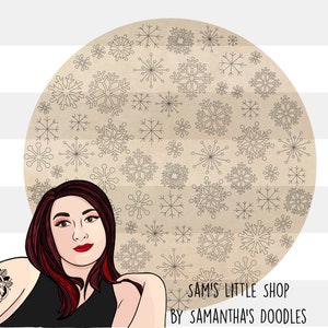 May include: A digital illustration of a woman with red hair wearing a black vest top. The background is a circle with a beige texture and a pattern of black snowflakes. The text "SAMIS LITTLE SHOP BY SAMANTHA'S DOODLES" is at the bottom of the image.