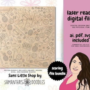 May include: A digital file with a sports-themed design, featuring illustrations of various sports equipment like tennis rackets, footballs, and bowling pins. The text "laser ready digital file" and "scoring file bundle" are also included.