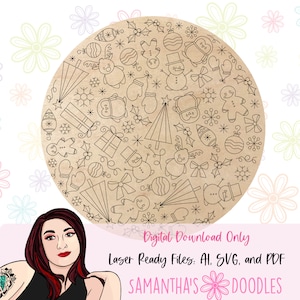 May include: A black and white digital illustration of a circle filled with various Christmas-themed doodles, including a Christmas tree, ornaments, snowflakes, mittens, reindeer, and gingerbread people. The background is a brown paper texture.