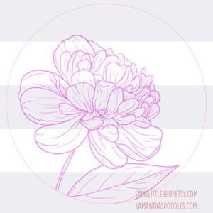 K&ouml;nnte beinhalten: Eine Linienzeichnung einer rosa Pfingstrose mit Bl&auml;ttern. Die Blume befindet sich in einem Kreis und der Hintergrund ist hellgrau.