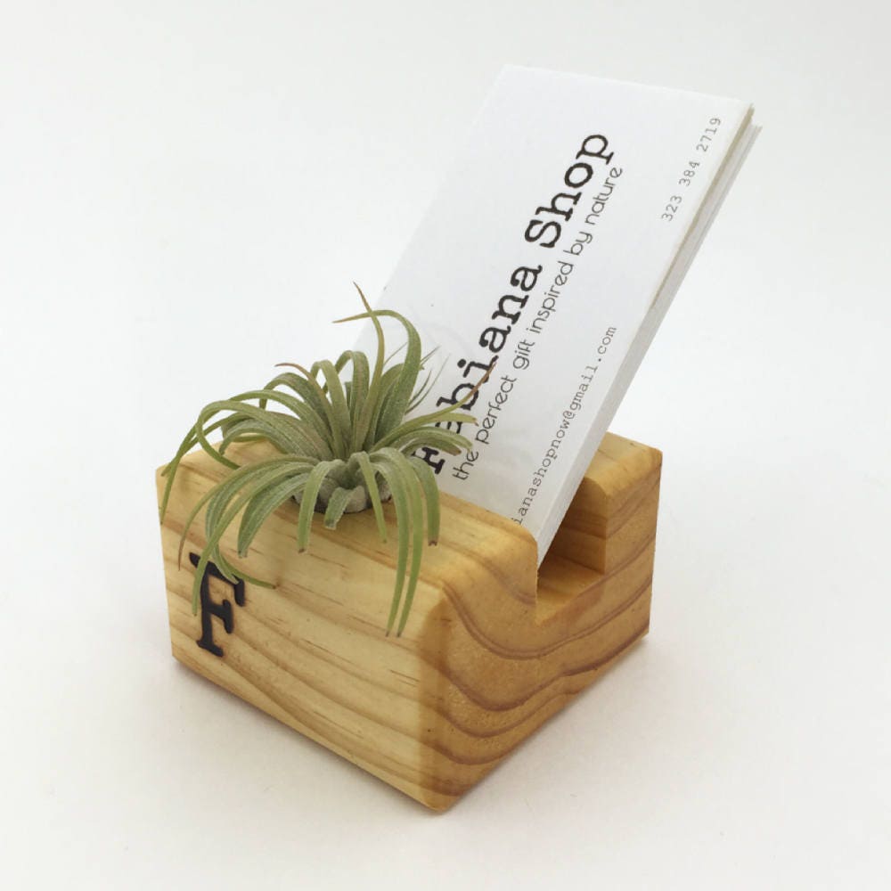 Vertical Business Card Holder Desk Decor Office Organizer With Air Plant Upcycled 1 Character Personalized