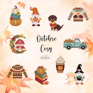 Peut inclure: Illustration d'art pixelisé sur le thème de l'automne. L'image comprend une pile de citrouilles, un gnome tenant une citrouille, un teckel en pull, un pull avec un cœur, un champignon, un camion transportant des citrouilles, un pull, une pile de livres avec une citrouille, un café et un gnome avec un chapeau de sorcière. Le texte "Octobre Cosy" est également présent.