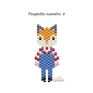 May include: A pixel art pattern for a beaded fox wearing overalls. The fox is orange, white, and brown with red and white stripes on its shirt. The overalls are blue.