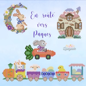 May include: A set of four bead sprite patterns featuring Easter bunnies, a chick, a lamb, and a house. The patterns are titled "En route vers Pâques" and are designed by Liliazalée.