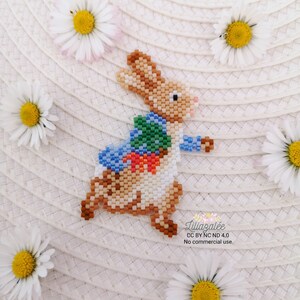 Peut inclure: Une figurine de lapin perlée avec des perles marron, beige, blanches, bleues, vertes et rouges. Le lapin porte une veste bleue et un gilet vert et rouge. Des marguerites blanches à cœur jaune entourent le lapin sur une surface blanche texturée.