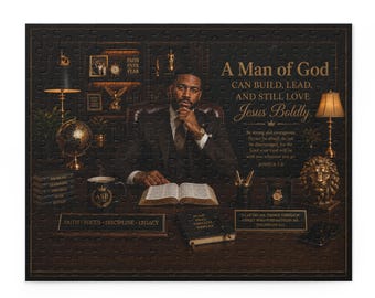 Op de afbeelding: Een donkerbruine puzzel met een man in een pak aan een bureau met boeken, een wereldbol en een lamp. Tekst bevat "A Man of God" en "Jesus Boldly". De puzzel heeft een vintage, inspirerend thema.