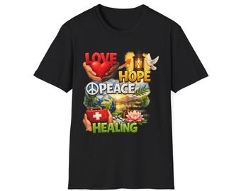Op de afbeelding: Zwart t-shirt met een kleurrijk grafisch ontwerp. Het ontwerp bevat de woorden "LOVE, HOPE, PEACE, HEALING" samen met een rood hart, een duif, een wereldbol, een EHBO-kit en een lotusbloem.