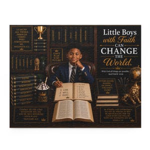 May include: A puzzle featuring a young boy in a suit, surrounded by books, a trophy, and inspirational quotes. The text reads "Little Boys with Faith Can Change the World." The puzzle has a dark, vintage aesthetic.