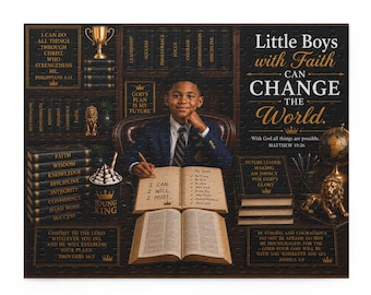 Op de afbeelding: Een puzzel met een jonge jongen in een pak, omringd door boeken, een trofee en inspirerende citaten. De tekst luidt "Little Boys with Faith Can Change the World." De puzzel heeft een donkere, vintage esthetiek.
