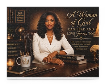 Op de afbeelding: Een legpuzzel met een portret van een vrouw in een witte blazer, zittend aan een bureau met boeken en een mok. Tekst bevat "A Woman of God" en "Spreuken 31:25". De puzzel heeft een donker, warm kleurenpalet.