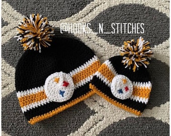 Handmade Crochet Steelers Hat/ Steelers Beanie/ Children’s Hats/ Women’s Hats/ Men’s Hats/ Football Beanies / Football Hats/ NFL Hats