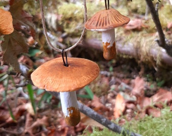 Paper Clay Rustic Brown Mushroom Ornaments (Set of Two)