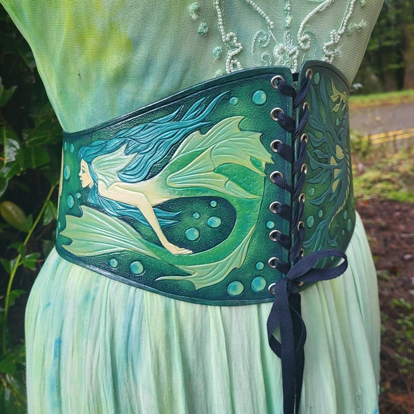 Sea Fantasy Tooled Leather Mermaid Corset Belt - Waist 31"-33"