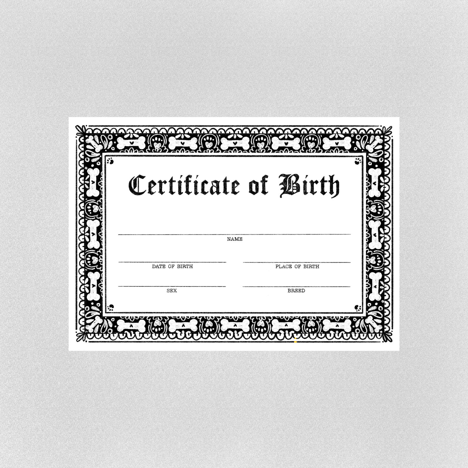 Pet Dog Birth Certificate Print Blank Template digital Download Etsy