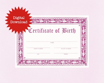 Pet Cat Birth Certificate Print Blank Template (Digital Download)