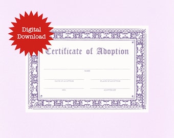 Pet Dog Adoption Certificate Print Blank Template (Digital Download)