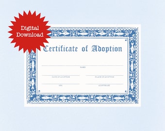 Pet Cat Adoption Certificate Print Blank Template (Digital Download)