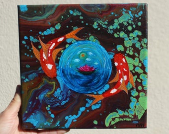 Acrylschilderij koivissen: leliebloem, gemarmerde details (8 x 8" canvas)