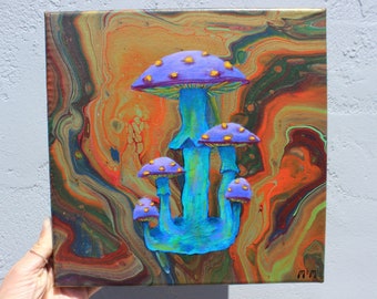 Mushroom Acrylic Painting, 12x12 Canvas Art