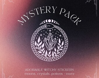 May include: A white graphic design on a pink and black gradient background. The design features a snake with a crystal and moon inside. The text "MYSTERY PACK" is above the design and "ADORABLE WITCHY STICKERS moons. crystals. potions. more" is below the design.