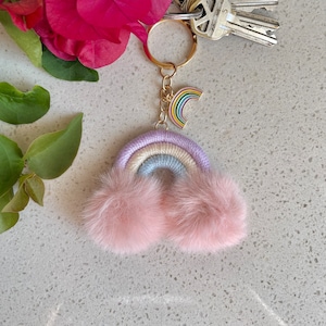 Pink Rainbow Puff Ball Keychain