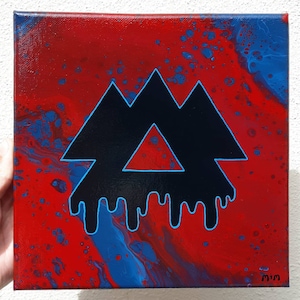 May include: Abstract painting on canvas featuring a black dripping mountain design outlined in blue against a red and blue background. The painting is signed "mim".