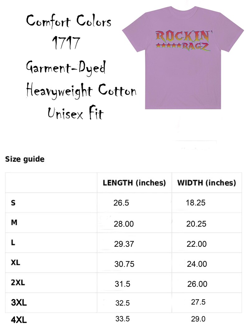 May include: A lilac-colored t-shirt with the text "ROCKIN' RAGZ" in a colorful, stylized font. The shirt is garment-dyed, made of heavyweight cotton, and has a unisex fit. Size guide shows lengths from 26.5 to 33.5 inches and widths from 18.25 to 29 inches.