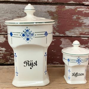 Two Dutch Canister Vintage 1930’s  Ryst Rice Saffraan Saffron Kitchen Collectible Art Deco Design