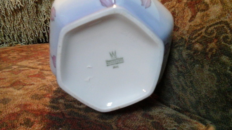 Vintage Bareuther Waldsassen Bavaria Germany Vase Floral Blue with Pink Orchids Birds Home Decor Collectible