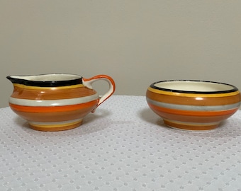 1950s Orange Cream and Sugar Set Gray’s Pottery Hand Painted England Stripes English Pottery Collectible