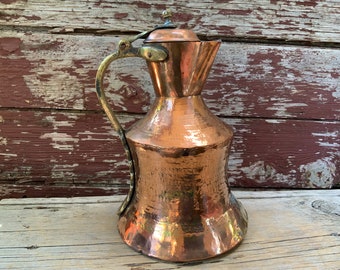 Vintage Hammered Copper Pitcher Hinged Lid Home Decor Farmhouse Rustic Collectible