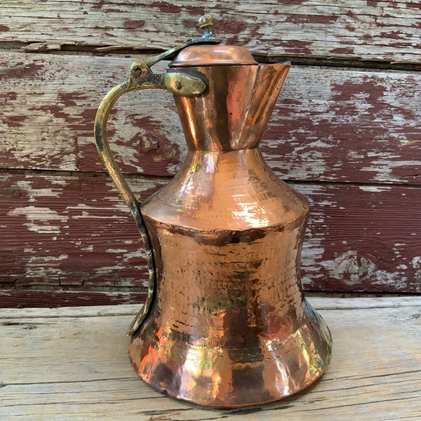 Vintage Hammered Copper Pitcher Hinged Lid Home Decor Farmhouse Rustic Collectible