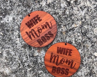 Wife Mom Boss Wooden Earrings