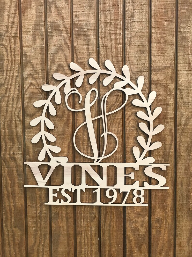 Custom Wood Monogram Sign Last Name Established Sign Front Etsy