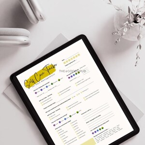 May include: A digital self-care tracker on a tablet, with the words "Self Care Tracker" and "for Pain Management" in a yellow banner. The tracker includes sections for daily mood, sleep, and activities. White headphones and a decorative plant are also visible.