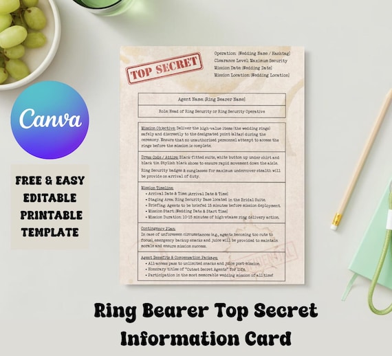 Ring Bearer Information Card | Ring Security | Canva Template Card Template Digital File Customizable